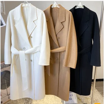Висококачествено лесно луксозно 101801 бяло двустранно кашемировое палто със средна дължина, с права тръба, двубортное вълна палто, зимно