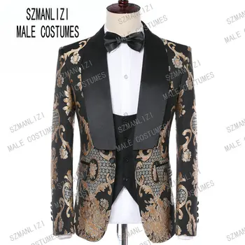 Костюм Homme 2019 Елегантна официална мъжки дрехи за младоженеца, сватбени костюми за мъже, смокинг с флорални принтом, сватбен блейзър за младоженеца, костюми