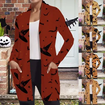 Жена есенна жилетка за Хелоуин, палто с принтом скелета тиква, ежедневни средната риза, пуловер, офис женски жилетка с винтажным принтом