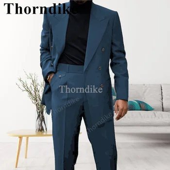 Комплект мъжки костюм Thorndike, двубортные Сини Костюми средна дължина за мъже, Индивидуален костюм от 2 теми, Яке С Панталони, Сватбен Блейзър