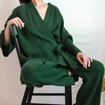 Нов женски памук пижамный комплект, пижамный случайни жилетка юката Хаори, пижамный костюм, за панталон, пролетно свободна домашно облекло, облекло за почивка