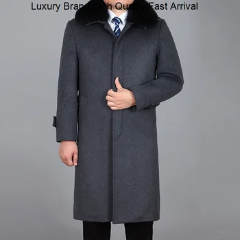 Новост 2023, вълна палто, кашемировое палто от естествена кожа заек, дебели топли зимни палта, мъжко дълго яке, M-4XL
