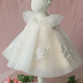 Бели рокли за кръщенета момичета в цветенце, рокли принцеса на 1-ви рожден ден, детски дантелени бална рокля, детско пищни рокля за сватбени партита