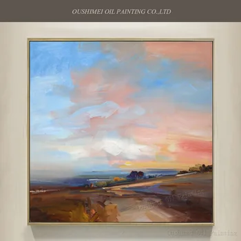 Безплатна доставка, ръчно рисувани от художника, висококачествена и модерна живопис с маслени бои с гледката на небето, абстрактна декоративна картина с изгрев на слънце